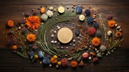  a wooden table topped with lots of different types of flowers and a cutting board with a wooden disc on top of it.