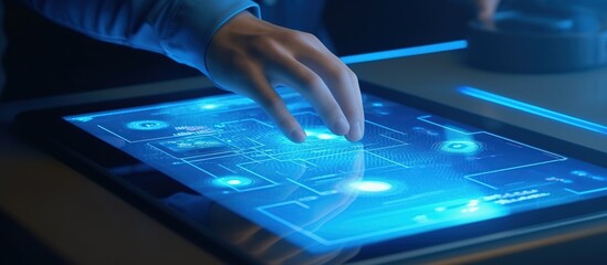 3D rendering, Businessman using digital tactile screen with charts