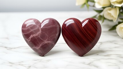 Close up of two burgundy Hearts on a white Marble Background. Romantic Backdrop with Copy Space