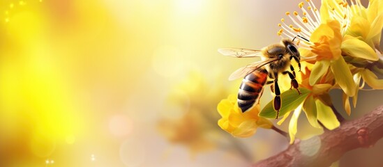 In the springtime, amidst the vibrant flora, a yellow flower bloomed, attracting a curious honeybee to its floral display, its stamen and pistil covered in natural pollen. The bee buzzed from plant to