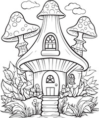 Mushroom coloring page. Mushroom coloring book page. Black and white mushroom outline. Mushroom house coloring page.