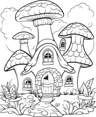 Mushroom coloring page. Mushroom coloring book page. Black and white mushroom outline. Mushroom house coloring page.