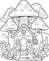Mushroom coloring page. Mushroom coloring book page. Black and white mushroom outline. Mushroom house coloring page.