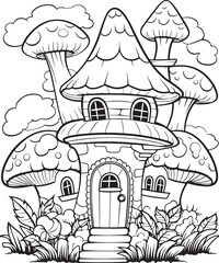 Mushroom coloring page. Mushroom coloring book page. Black and white mushroom outline. Mushroom house coloring page.