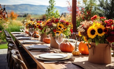 table setting  with sunflowers and pumpkins 
