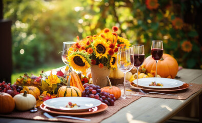 table setting  with sunflowers and pumpkins 