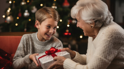 Obraz na płótnie Canvas grandson gives a gift to his grandmother, a little boy congratulates an elderly woman on Christmas, New Year, Elderly Day, child, kid, son, happy face, emotions, joy, holiday, present, box, lady