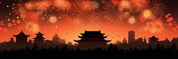 Wall murals Brick Silhouette of an oriental temple under fireworks. Chinese new year celebration
