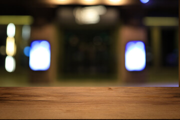 Beautiful empty wood table top counter, window view. Wooden table with blur bokeh background ready for product montage. Abstract blurred bokeh neutral background of city, shop, store, restaurant, city