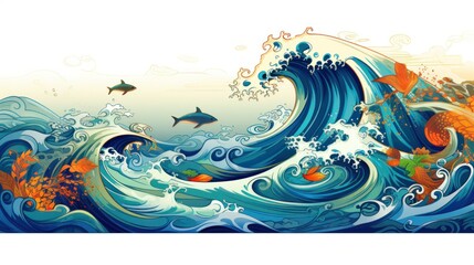  an image of a painting of a wave with dolphins and fish coming out of the water on a white background.