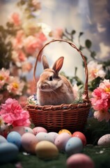 Soft bunny in a wicker wooden basket, surrounded by Easter eggs and beautiful roses. Pastel background with copy sapce. Happy Easter.