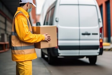 Courier is loading the van with parcels. Moving service. Concept of Home moving and delivery. Ecommerce, export and distribution service, package and cargo shipment