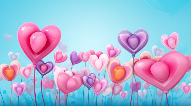 romantic background with red balloons in shape of heart