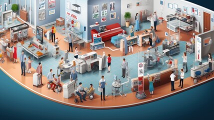  a group of people standing in a room with a hospital bed and medical equipment in the center of the room.
