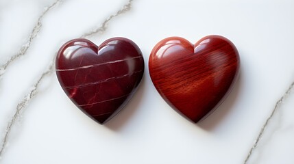 Close up of two dark red Hearts on a white Marble Background. Romantic Backdrop with Copy Space