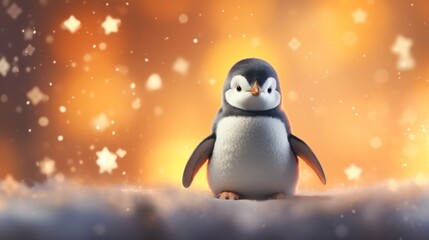  a penguin is standing in the snow with snow flakes on it's back and it's eyes closed. - obrazy, fototapety, plakaty