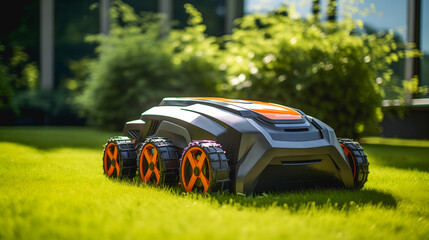 Un robot tondeuse qui parcourt une pelouse bien entretenue dans un jardin ensoleillé.





