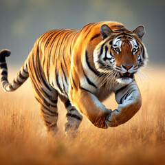 Fototapeta na wymiar Bengal tiger run across the vast plains, swift movements on solid background. ai generative