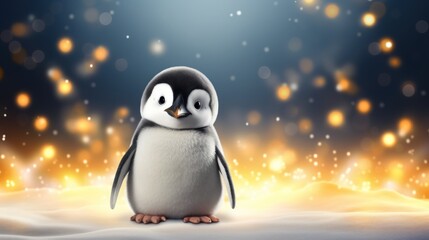  a penguin is standing in the snow with a blurry light in the background and snow flakes in the foreground. - obrazy, fototapety, plakaty