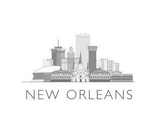 New Orleans, Louisiana, cityscape line art style vector illustration in black and white