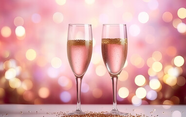 dos copas con champán rosa para brindar en año nuevo, San Valentin o aniversario,  sobre fondo morado y dorado con bokeh desenfocado y brillante.concepto celebraciones y fiestas - obrazy, fototapety, plakaty