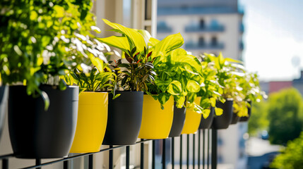 Des plantes dans des pots suspendus noirs et jaunes sur un balcon. - obrazy, fototapety, plakaty