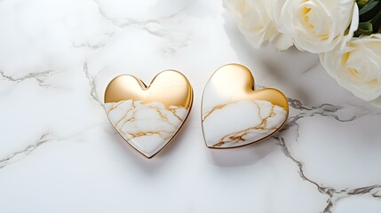 Close up of two gold Hearts on a white Marble Background. Romantic Backdrop with Copy Space