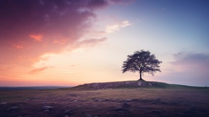 Fototapeta na wymiar a lone tree sitting on top of a hill with a sunset in the backgrounge of the sky.