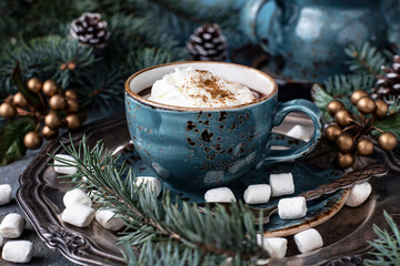 Christmas  composition with hot chocolate mug with marshmallows