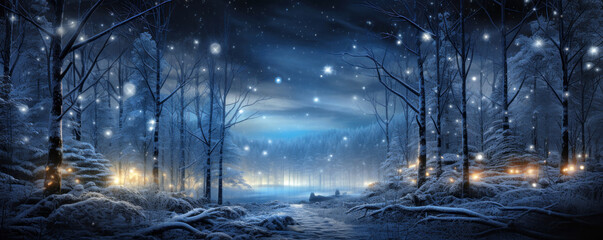 Forest with magical lights in winter at Christmas night, landscape with snow, trees and sky. Panoramic view of fairy woods and path. Theme of New Year holiday, wonderland, nature, xmas