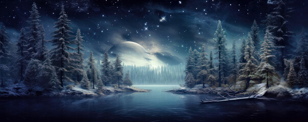 Panorama of magical forest in winter at Christmas night, landscape with water, trees and starry sky. Scenery of snowy woods, lake and moon. Theme of New Year holiday, wonderland, nature