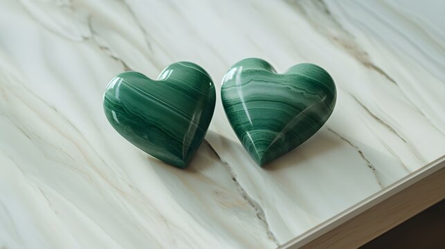 Close up of two green Hearts on a white Marble Background. Romantic Backdrop with Copy Space