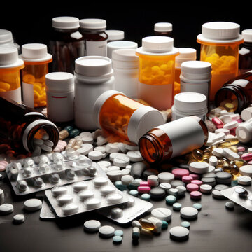 Prescription opioids with many bottles of pills. Concepts of addiction, overdose and doctor shopping. ai generative