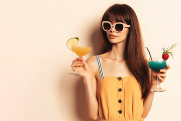 woman with cocktail on flat solid color background. ai generative