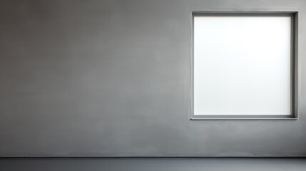  an empty room with a square window on the wall and a cat on the floor in front of the window.