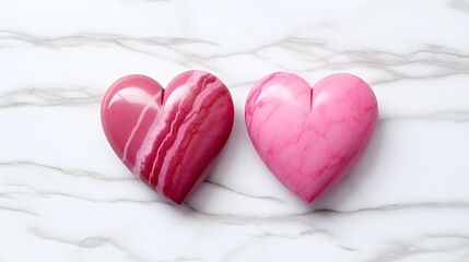 Fototapeta premium Close up of two hot pink Hearts on a white Marble Background. Romantic Backdrop with Copy Space