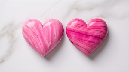 Close up of two hot pink Hearts on a white Marble Background. Romantic Backdrop with Copy Space