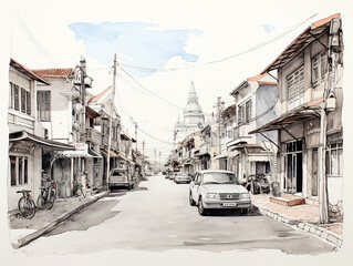 Fototapeta premium A typical view of an old small town in Southeast Asia. It is usually inhabited by Chinese immigrants who were brought by the colonists. Black and white pencil & watercolor illustration. 