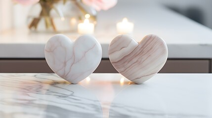 Close up of two ivory Hearts on a white Marble Background. Romantic Backdrop with Copy Space