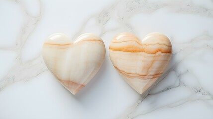 Fototapeta na wymiar Close up of two ivory Hearts on a white Marble Background. Romantic Backdrop with Copy Space