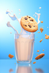 Tasty cookie with raisins and chocolate falling in a blue glass full of milk, shake splash, bright isolated background, generative ai - obrazy, fototapety, plakaty