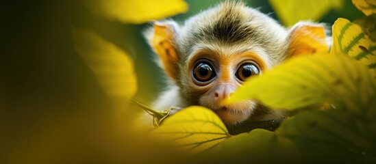 In the lush tropical forest, a cute Asian animal with bright green eyes playfully peeks through the vibrant leaves of the trees, creating a funny and captivating portrait of nature's colorful face.