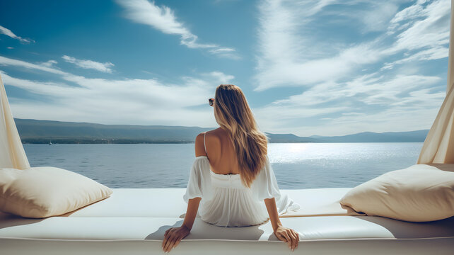 photo view at young attractive woman relaxing on luxury yacht floating on a blue sea