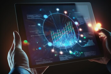 Close up of hands holding tablet with glowing forex chart. Trade concept