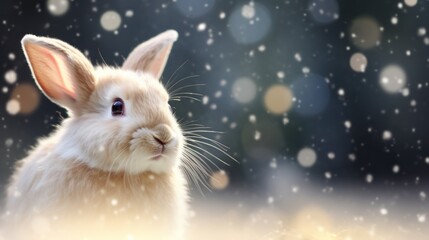  a white rabbit sitting in the snow with snow falling on it's back and a blurry background of snowflakes.