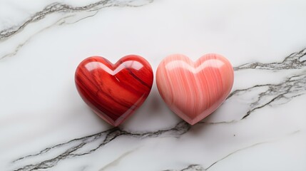 Close up of two light red Hearts on a white Marble Background. Romantic Backdrop with Copy Space