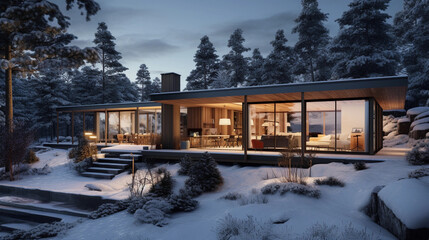 Fototapeta na wymiar Winter Wonderland: Scandinavian Home Illuminated by Soft Lighting