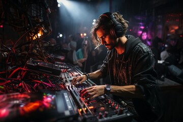 Fototapeta na wymiar DJ am Controller: Kreativität und Stil im dunklen Musikstudio