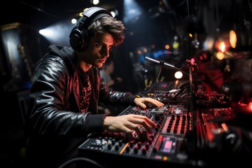 Obraz na płótnie Canvas DJ am Controller: Kreativität und Stil im dunklen Musikstudio