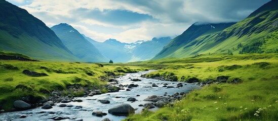 Panoramic view a river surrounded by green hills on a sunny day. AI generated image - obrazy, fototapety, plakaty